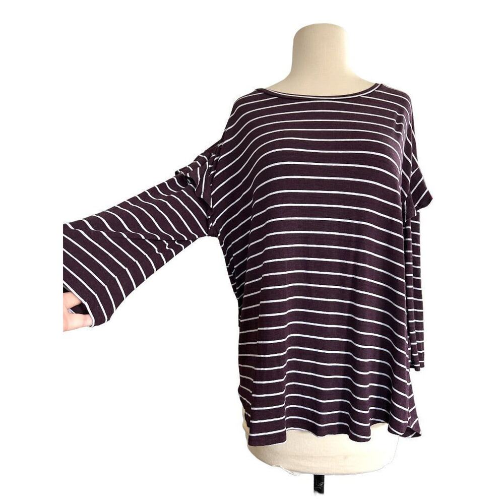 Large Dolan Anthropologie Plum Striped Long Sleeve Ruffle Blouse Shirt